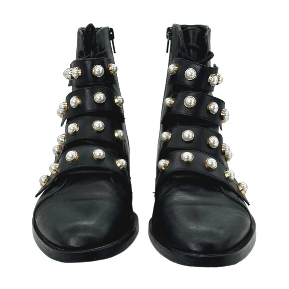 ZARA Leather Combat Biker Boots Moto Pearl Strap Boots Black Women's EU 39 US 8 - Picture 2 of 12